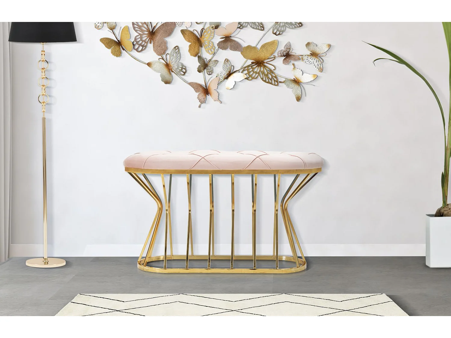 Banc en tissu rose avec structure dorée 91x38x52 cm