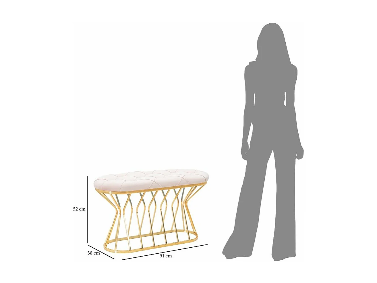 Banc en tissu rose avec structure dorée 91x38x52 cm