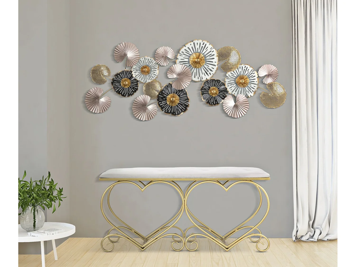 Panca a forma di cuori in tessuto beige cm 105x37,5x51,5