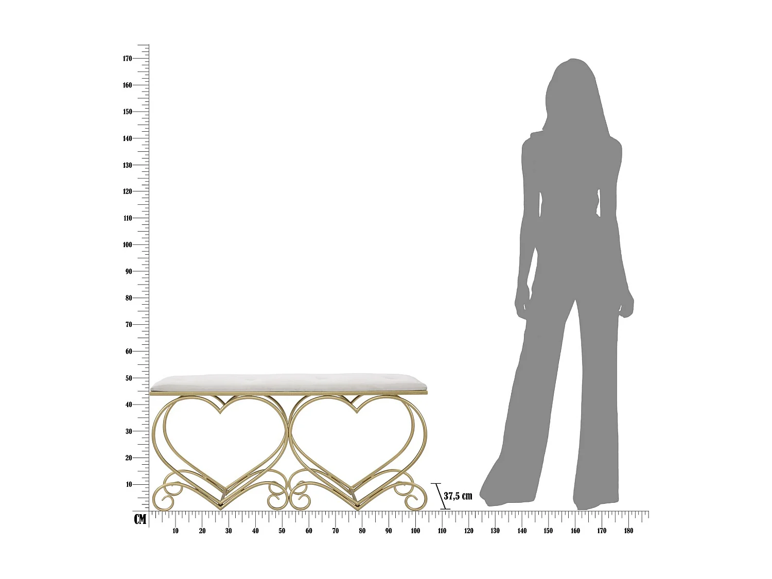 Banc Design "Heart" 105cm Crème & Or