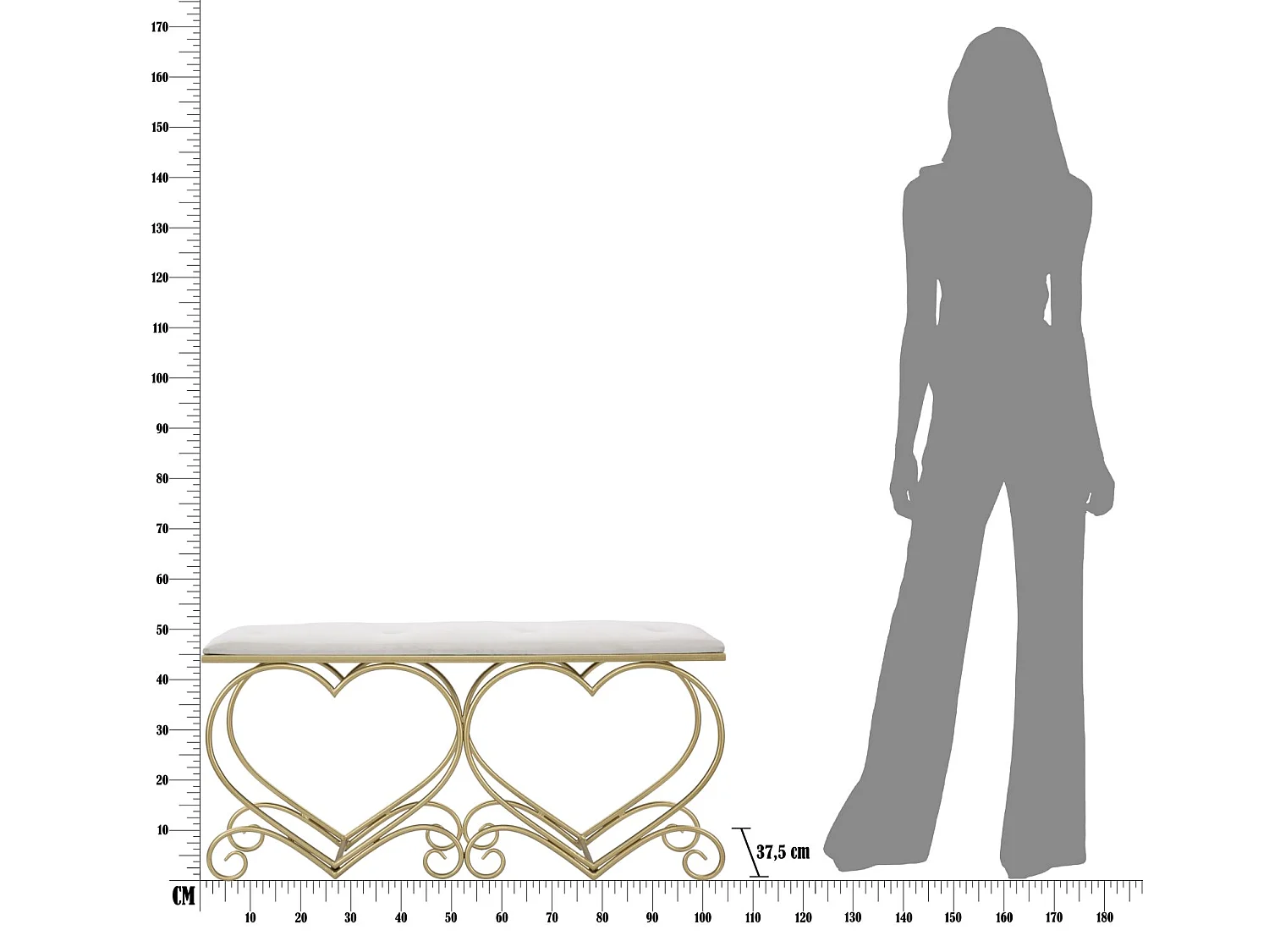 Banc Design "Heart" 105cm Crème & Or