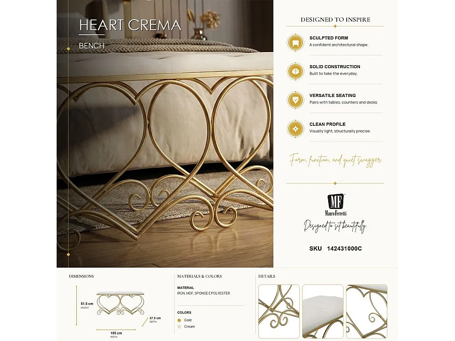 Banc Design "Heart" 105cm Crème & Or