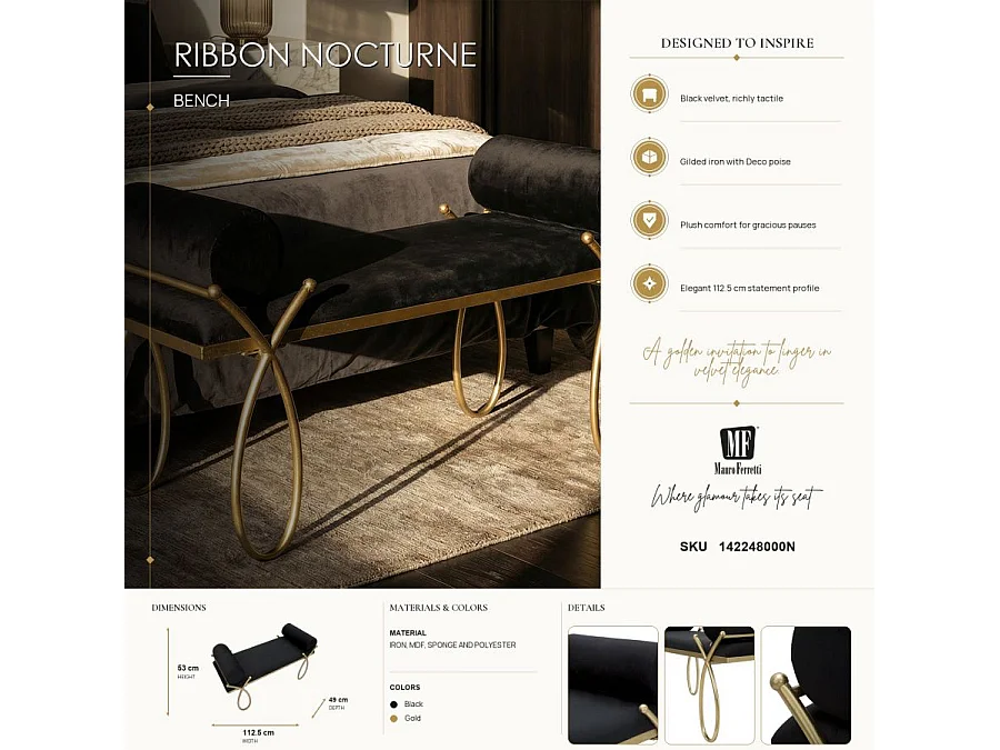 Banquette Design en Velours "Ruban" 112cm Noir