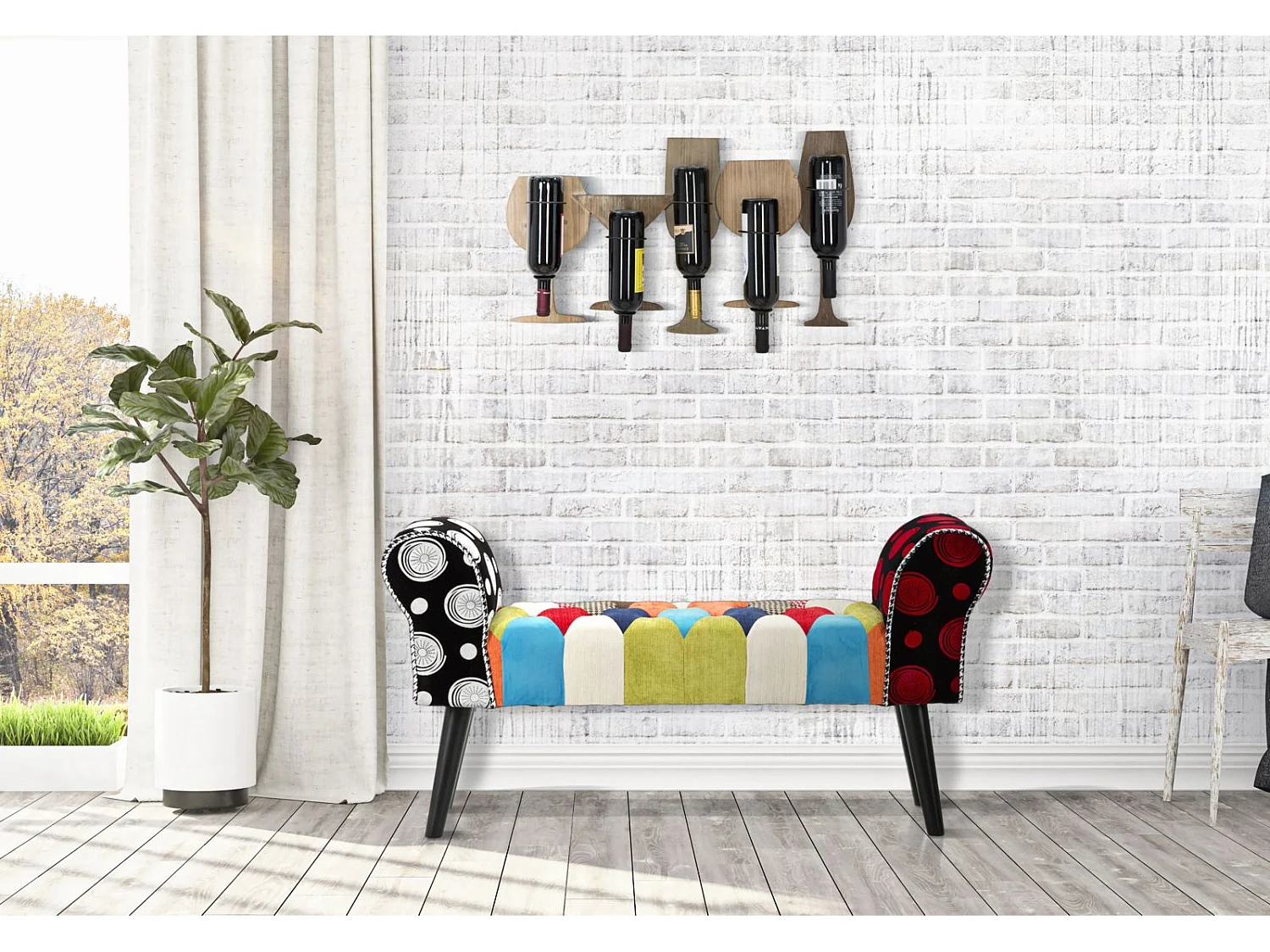 Panca in legno e tessuto patchwork multicolore cm 102x31x54