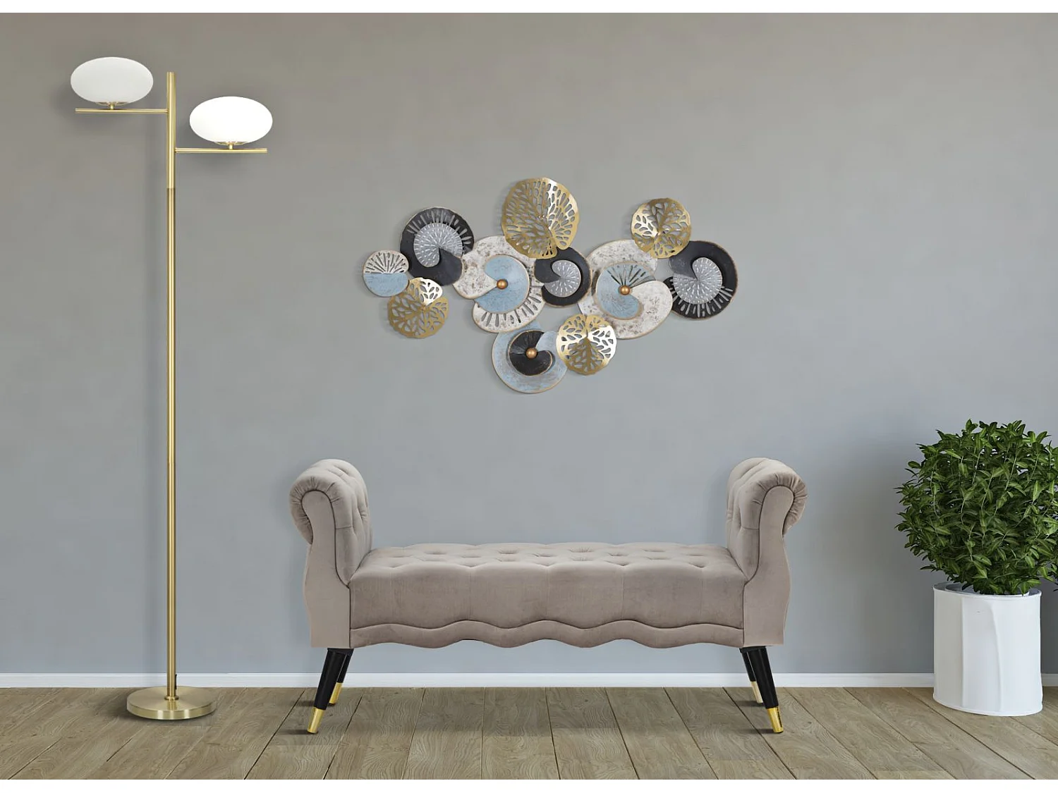 Panchetta 2 posti in tessuto grigia con gambe in legno cm 120x40x60