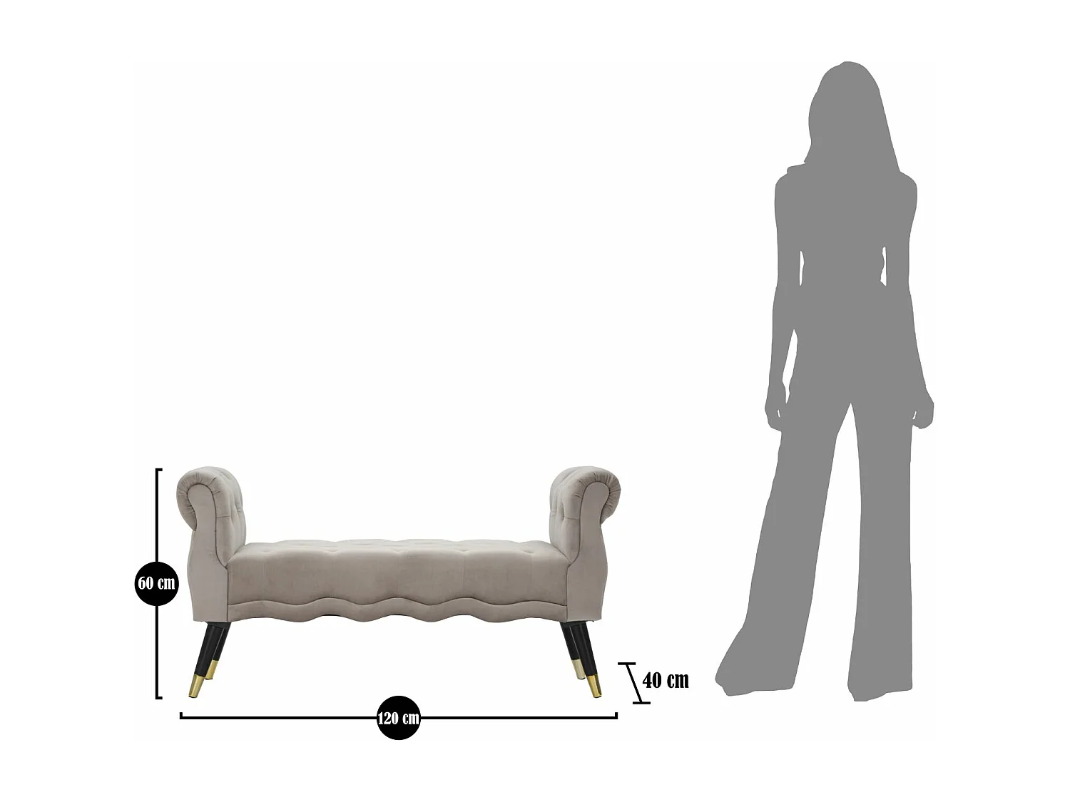 Panchetta 2 posti in tessuto grigia con gambe in legno cm 120x40x60