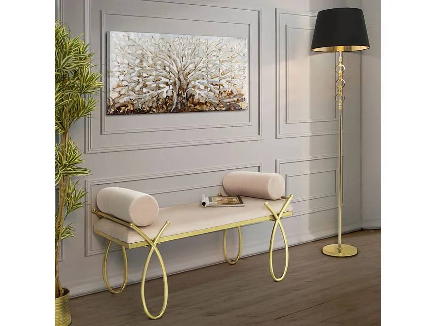 Panca dorata in metallo e seduta in velluto rosa cm 113x49x53