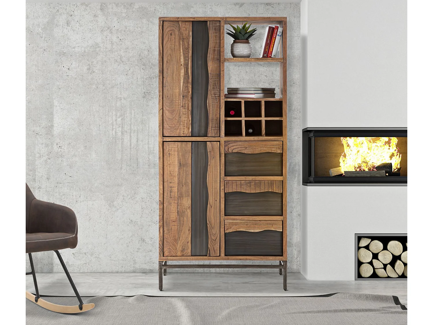 Bibliothèque en bois marron avec portes et tiroirs 88x40x195 cm