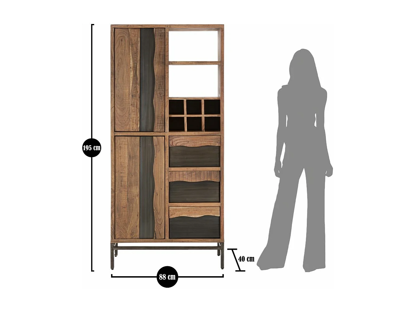 Bibliothèque en bois marron avec portes et tiroirs 88x40x195 cm