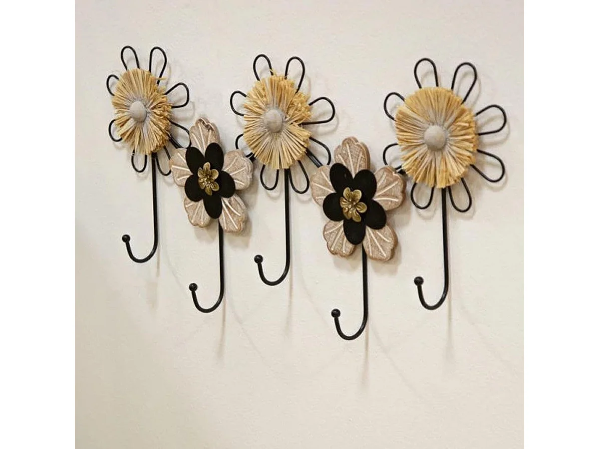 Patère Murale Design 5 Crochets "May" 61cm Noir & Naturel