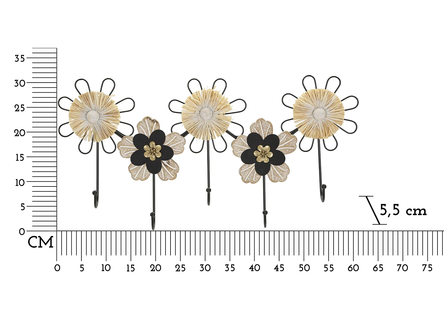 Patère Murale Design 5 Crochets "May" 61cm Noir & Naturel