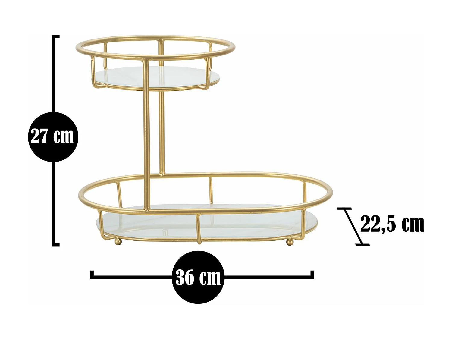 Portaoggetti in metallo dorato con 2 ripiani cm 36x22,5x27
