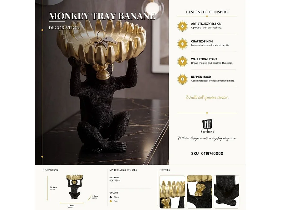 Vide-Poche Statuette Singe "Banane" 31cm Noir & Or
