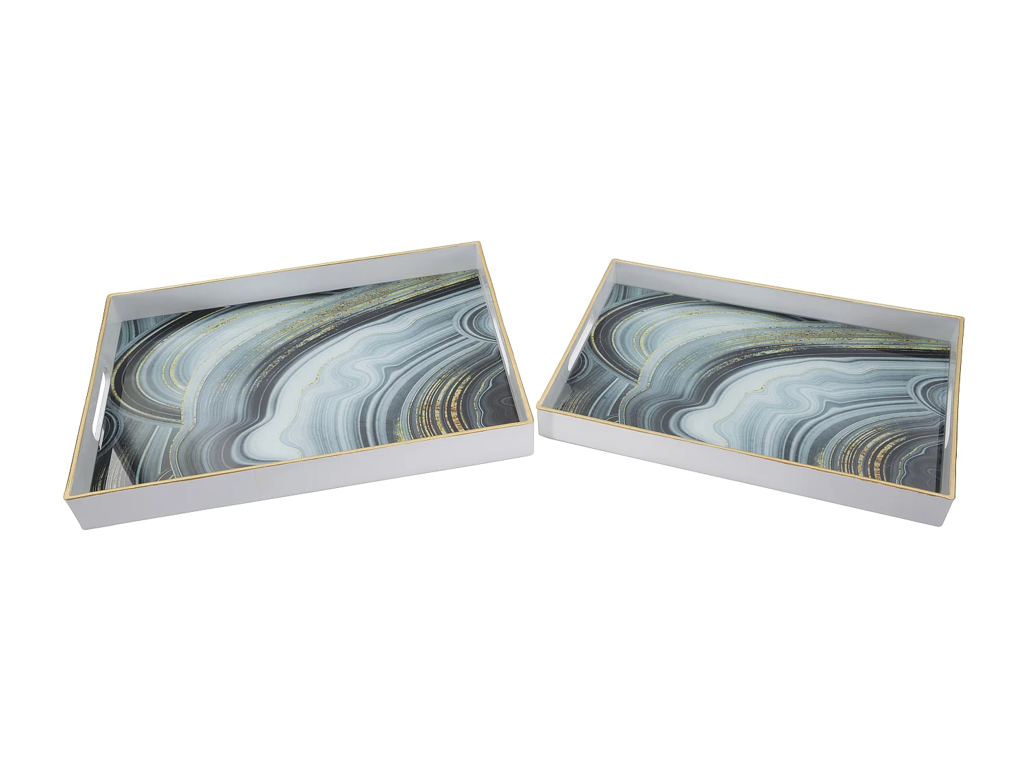 Set di 2 portoggetti in resina bianchi e vetro cm 40x30x4-35x25x3,5