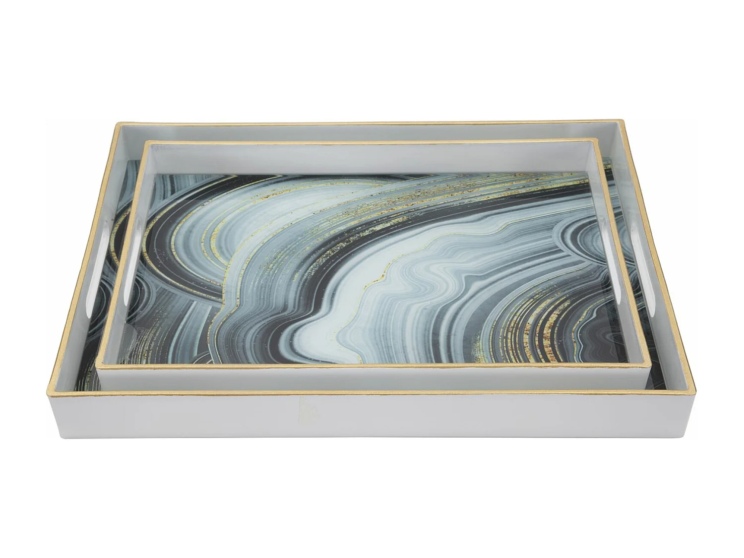 Set di 2 portoggetti in resina bianchi e vetro cm 40x30x4-35x25x3,5