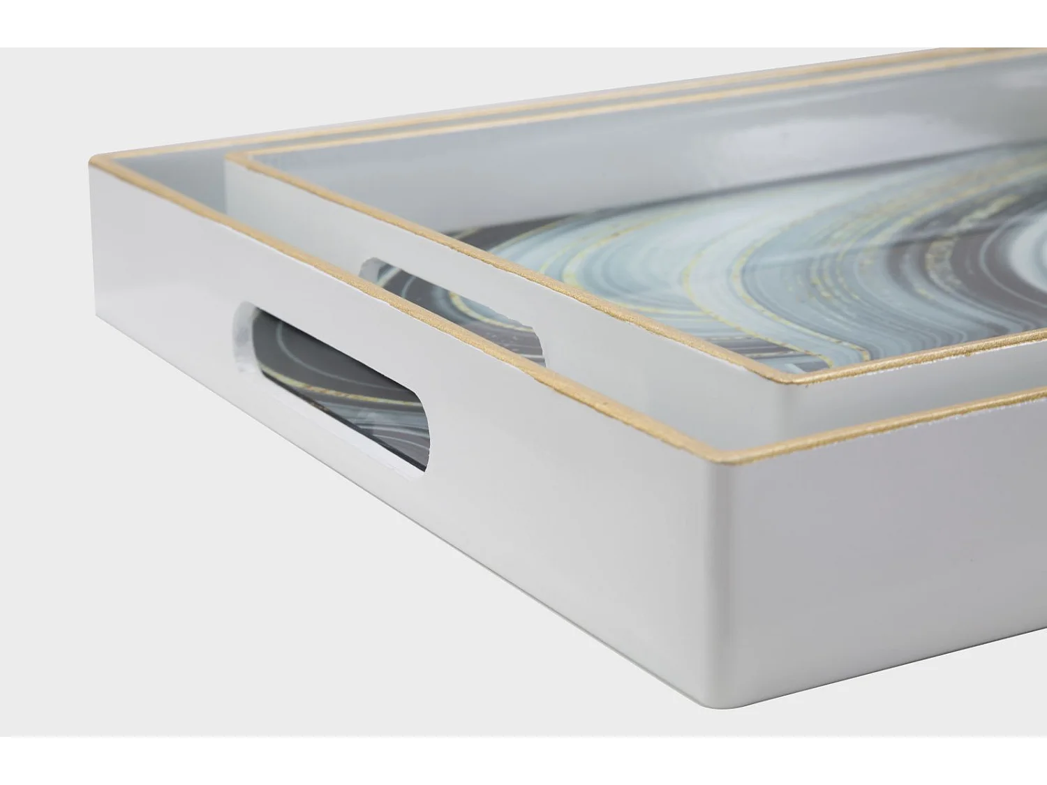 Set di 2 portoggetti in resina bianchi e vetro cm 40x30x4-35x25x3,5