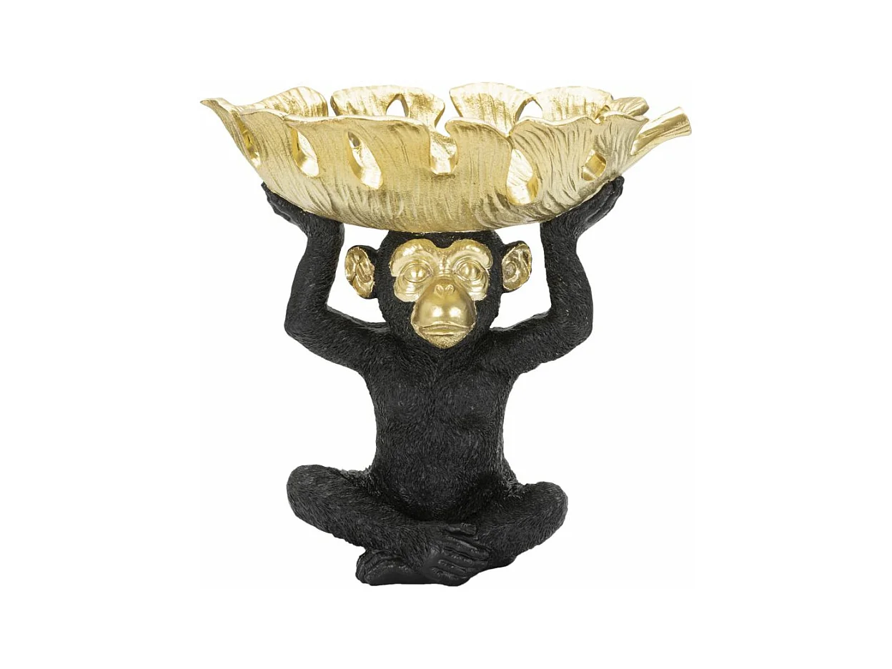 Singe avec porte-objets en résine noire et dorée cm 25,2x21x24