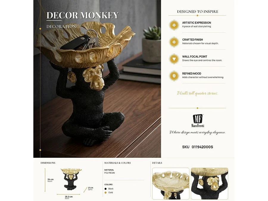 Vide-Poche Statuette "Singe" 25cm Noir & Or