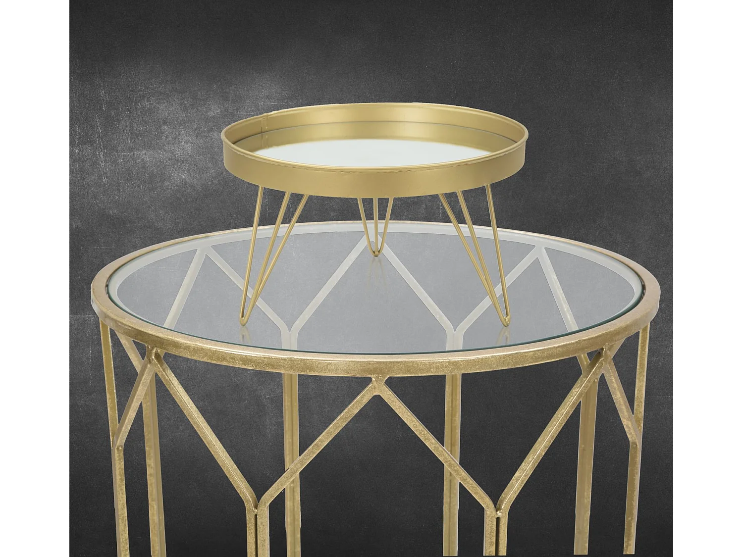 Portaoggetti in metallo dorato con piano a specchio Ø cm 31x18