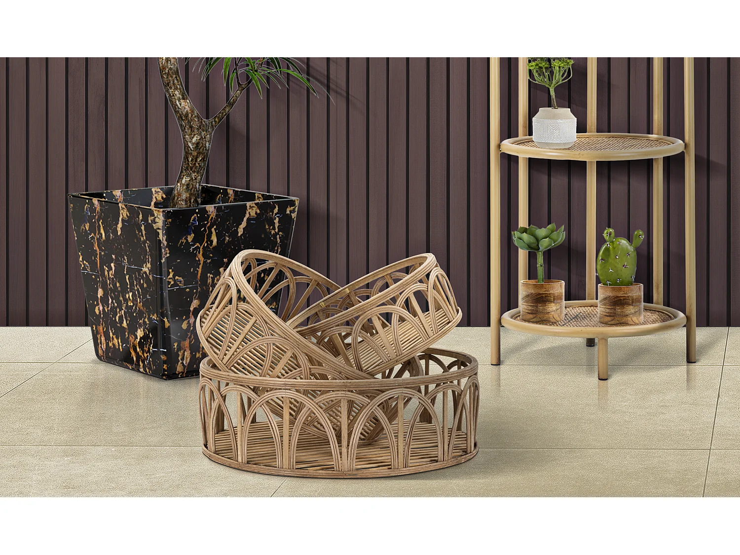 Set di 3 svuotatasche in rattan marrone Ø cm 50x16-40x14-30x12