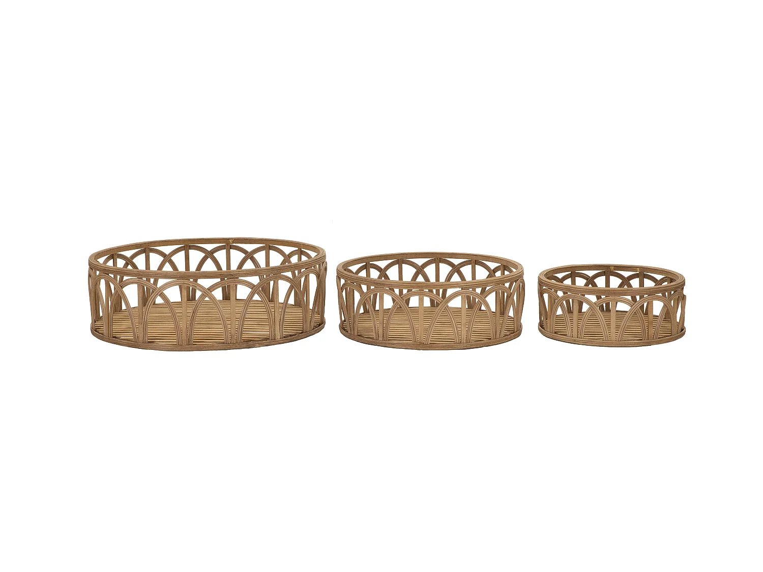 Lot de 3 plateaux pochettes en rotin marron Ø 50x16-40x14-30x12 cm