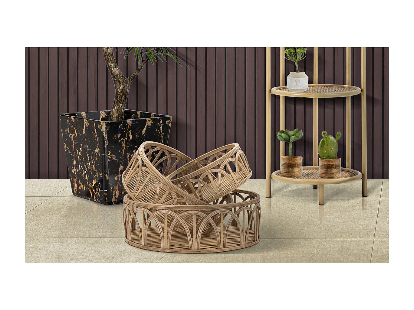 Lot de 3 Plateaux Décoratifs en Rotin "Fuji" 50cm Naturel