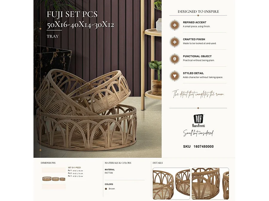 Lot de 3 Plateaux Décoratifs en Rotin "Fuji" 50cm Naturel