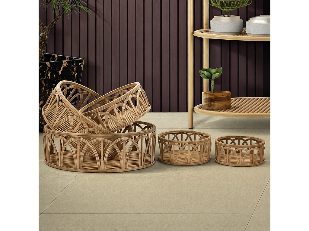 Conjunto de 3 bandejas redondas Fuji em vime e rattan - Design artesanal boho chic - Dimensões: Ø 50x16, 40x14 e 30x12 cm