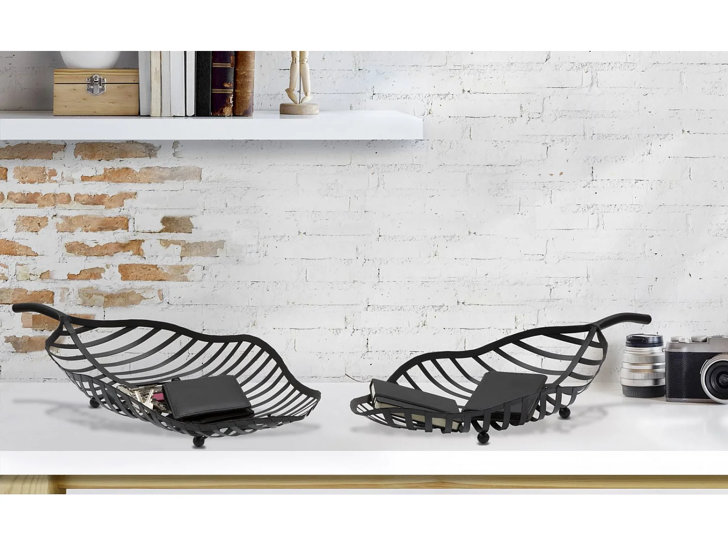 Lot de 2 porte-objets en métal noir 61x25x7,5-55x20x7,5 cm