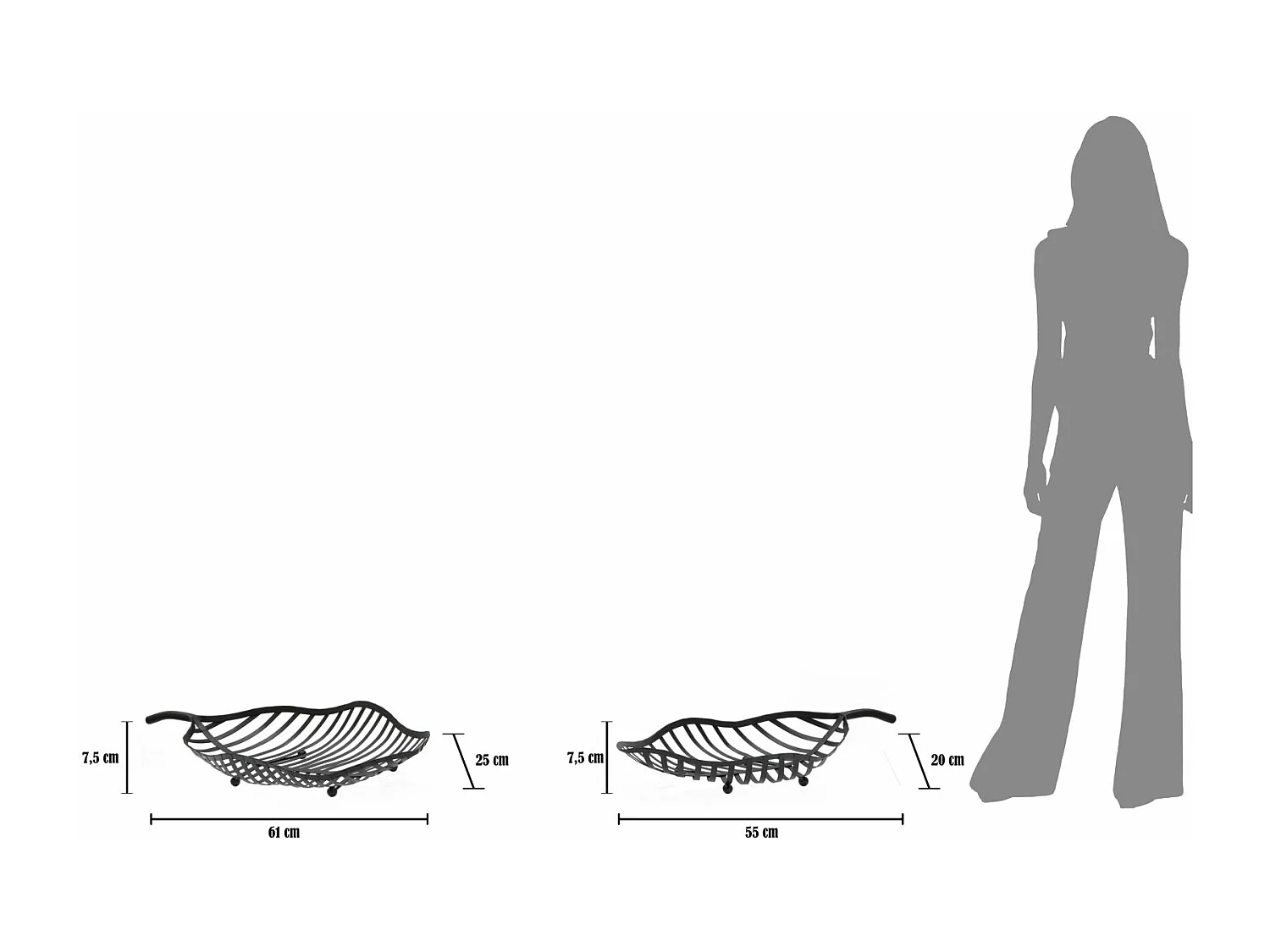 Set di 2 portaoggetti in metallo nero cm 61x25x7,5-55x20x7,5