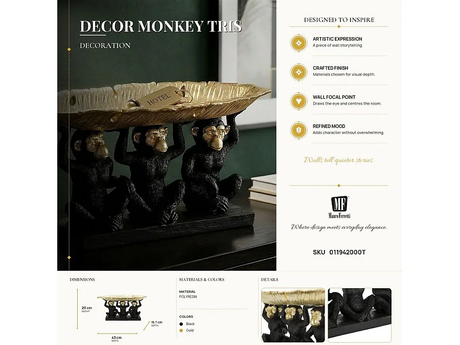 Vide-Poche Statuette "3 Singes" 43cm Noir & Or