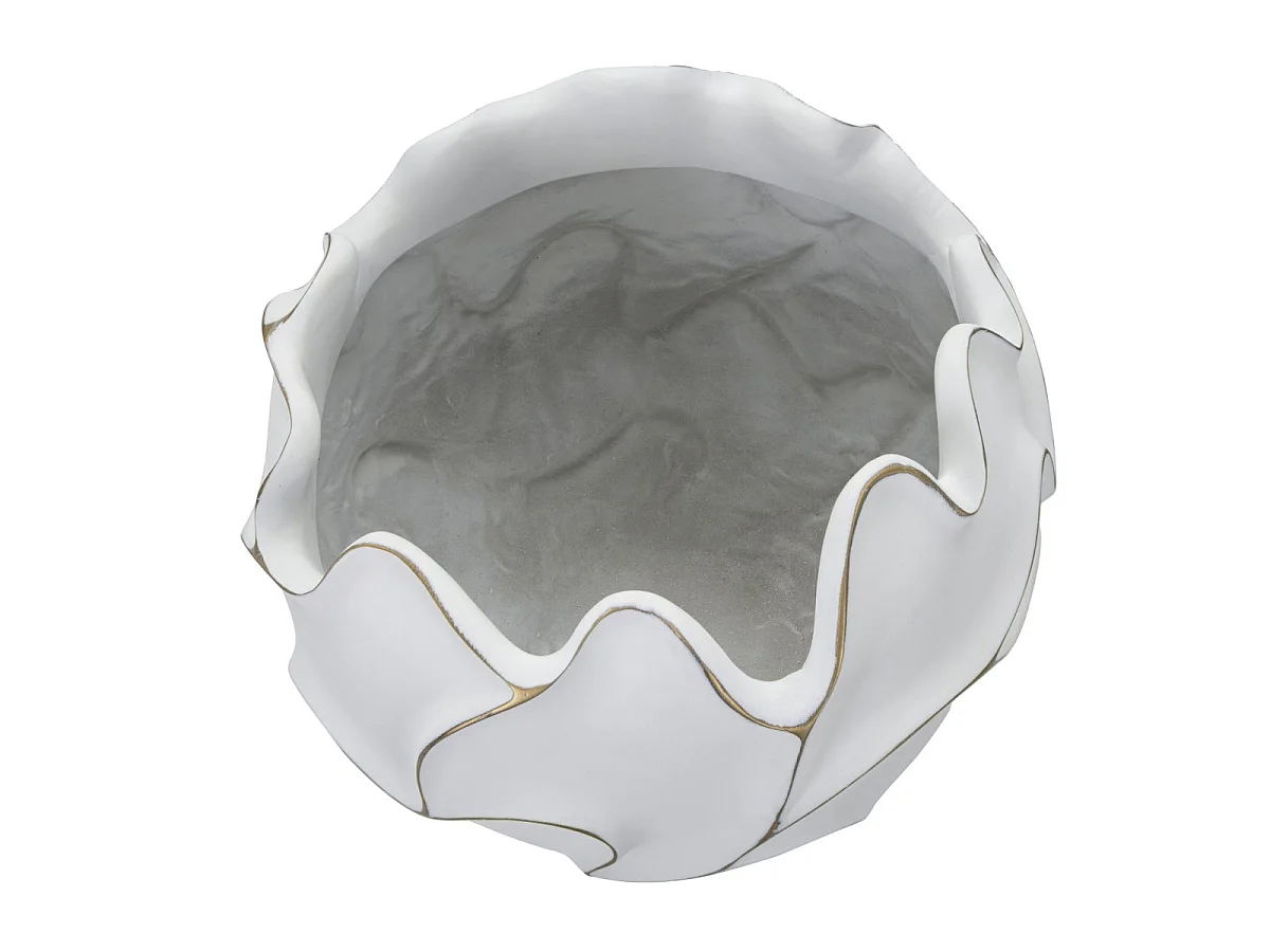 Runder Gaspeau-Übertopf aus weiß gewaschenem Polyresin – Ø 44 x 37 cm – Dekorative Vase mit Boho-Chic-Reliefverzierungen