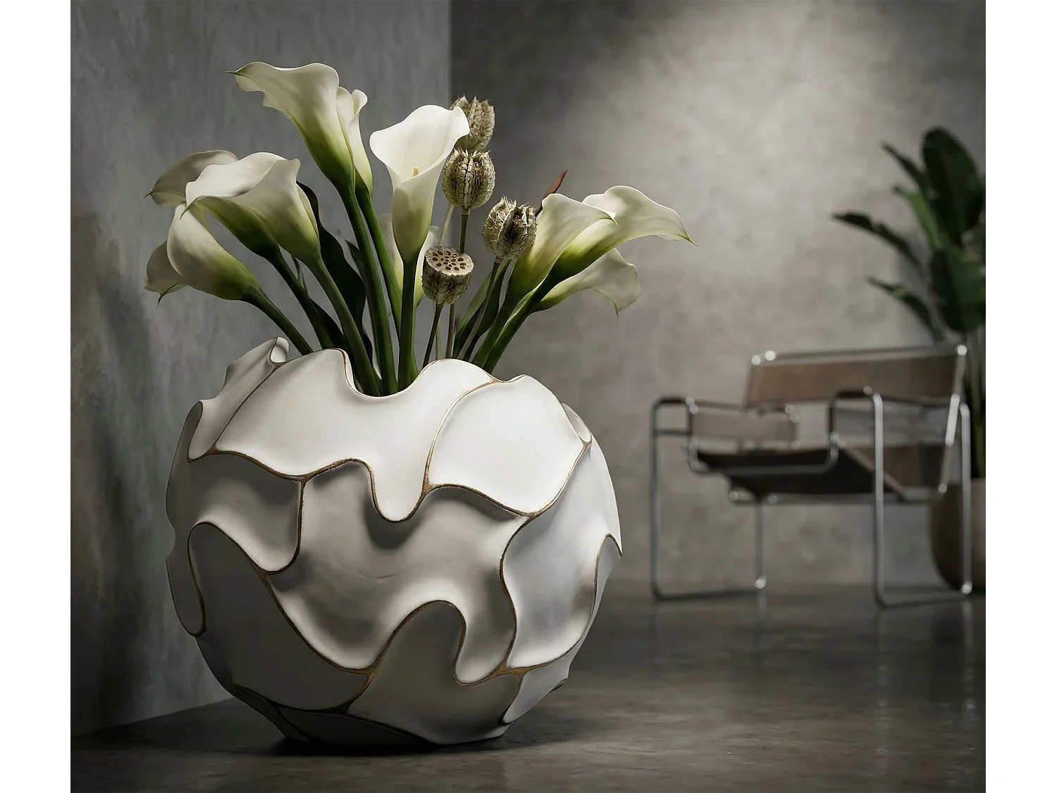 Runder Gaspeau-Übertopf aus weiß gewaschenem Polyresin – Ø 44 x 37 cm – Dekorative Vase mit Boho-Chic-Reliefverzierungen