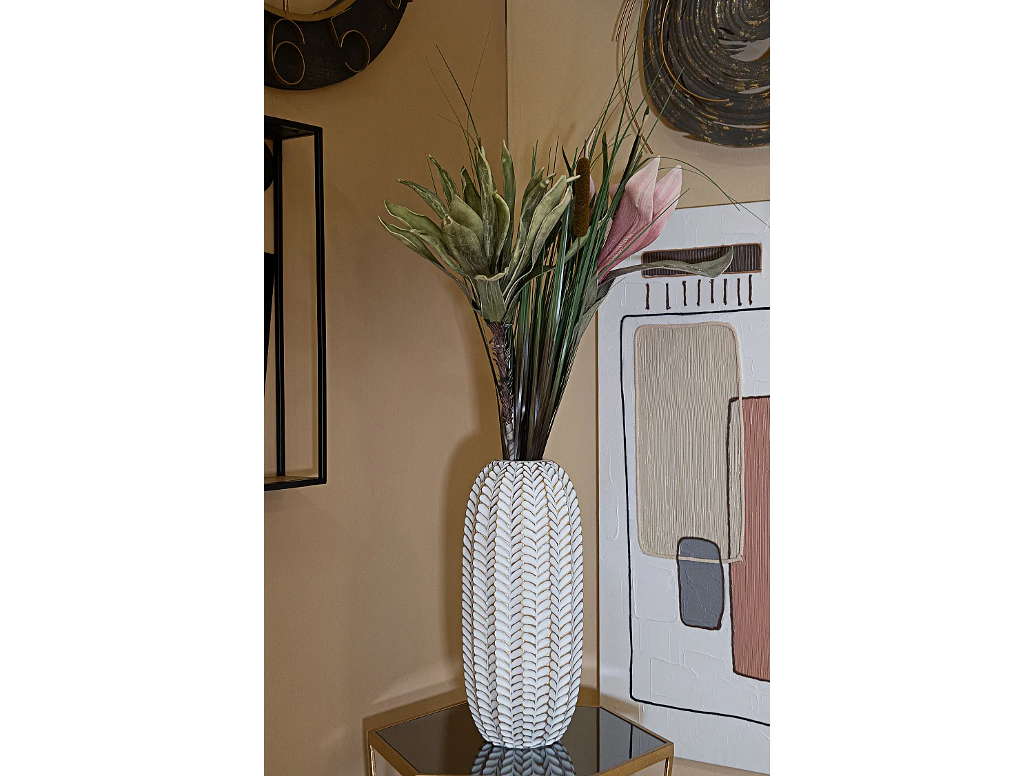 Vaso in resina grigio con foglie Ø cm 18,5x46