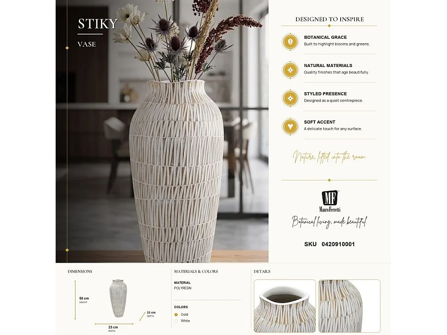 Vase Déco en Résine "Stiky" 50cm Or & Blanc