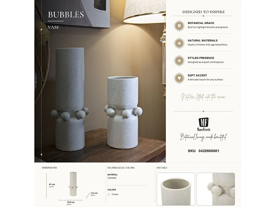 Vase Cylindrique en Céramique "Bubbles" 41cm Crème