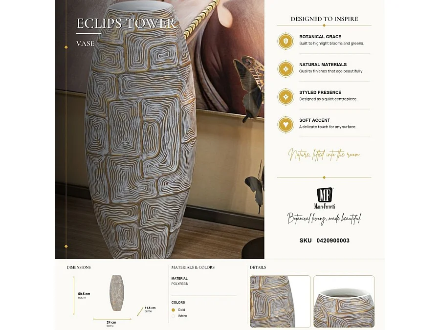 Vase Design Haut en Résine "Elips" 59cm Or