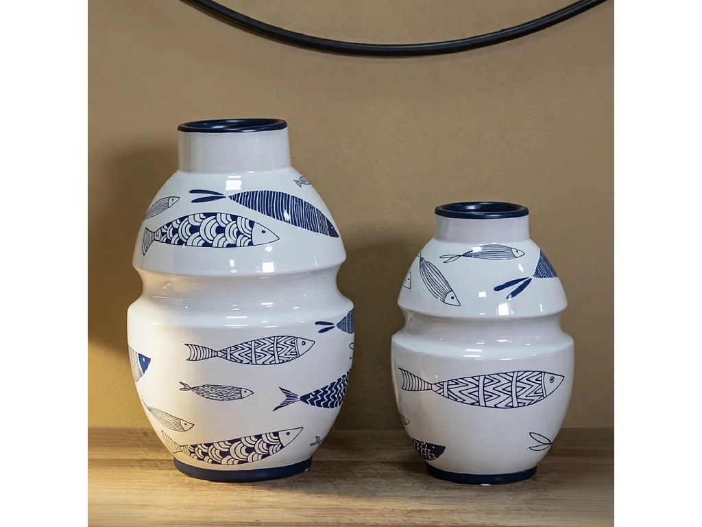 Vaso in ceramica bianco con pesci Ø cm 15x24