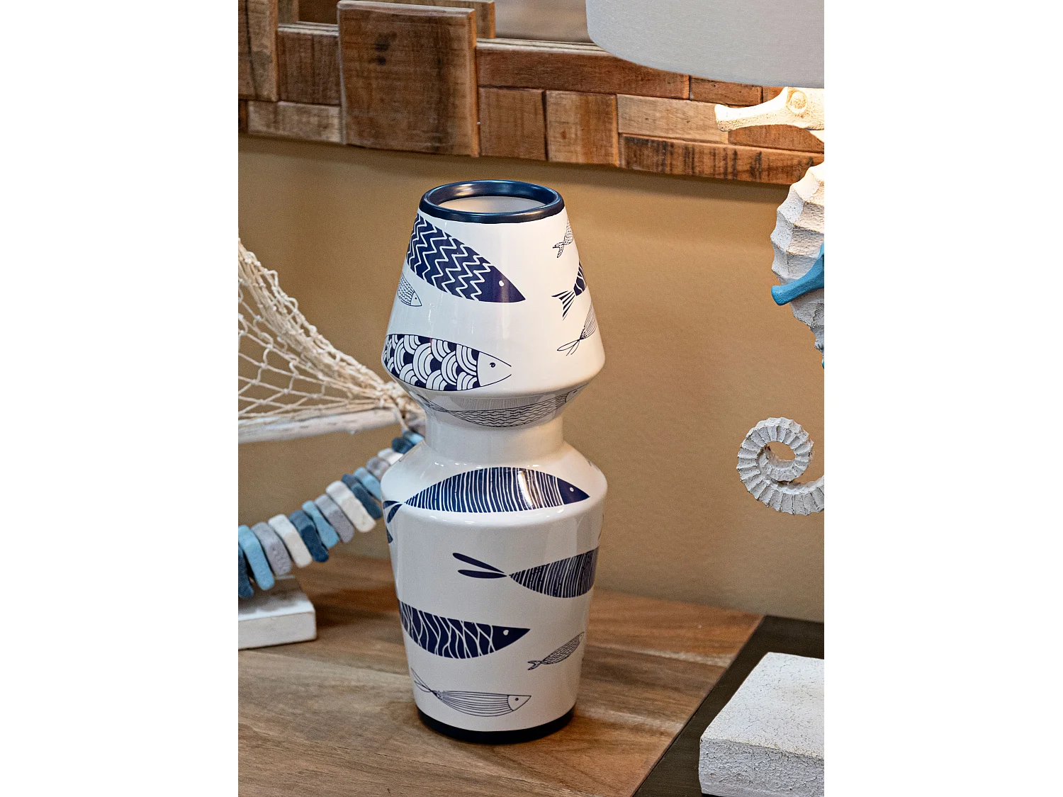 Vaso in ceramica bianco con pesci Ø cm 14x34