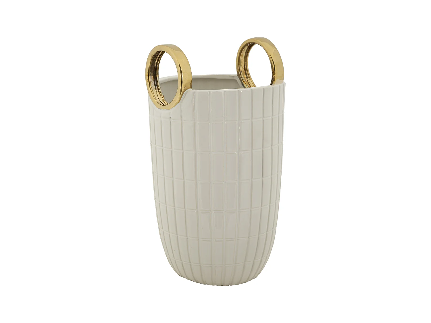 Vase Céramique Shopping Ø18x25 cm – Design Élégant avec Reliefs Géométriques et Anneaux Dorés