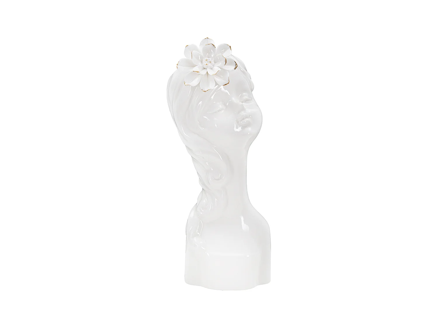 Vase en Porcelaine "Young Lady" - 10,5x10x24,7 cm, Design Buste de jeune femme avec Fleur dans les Cheveux, Blanc et Or