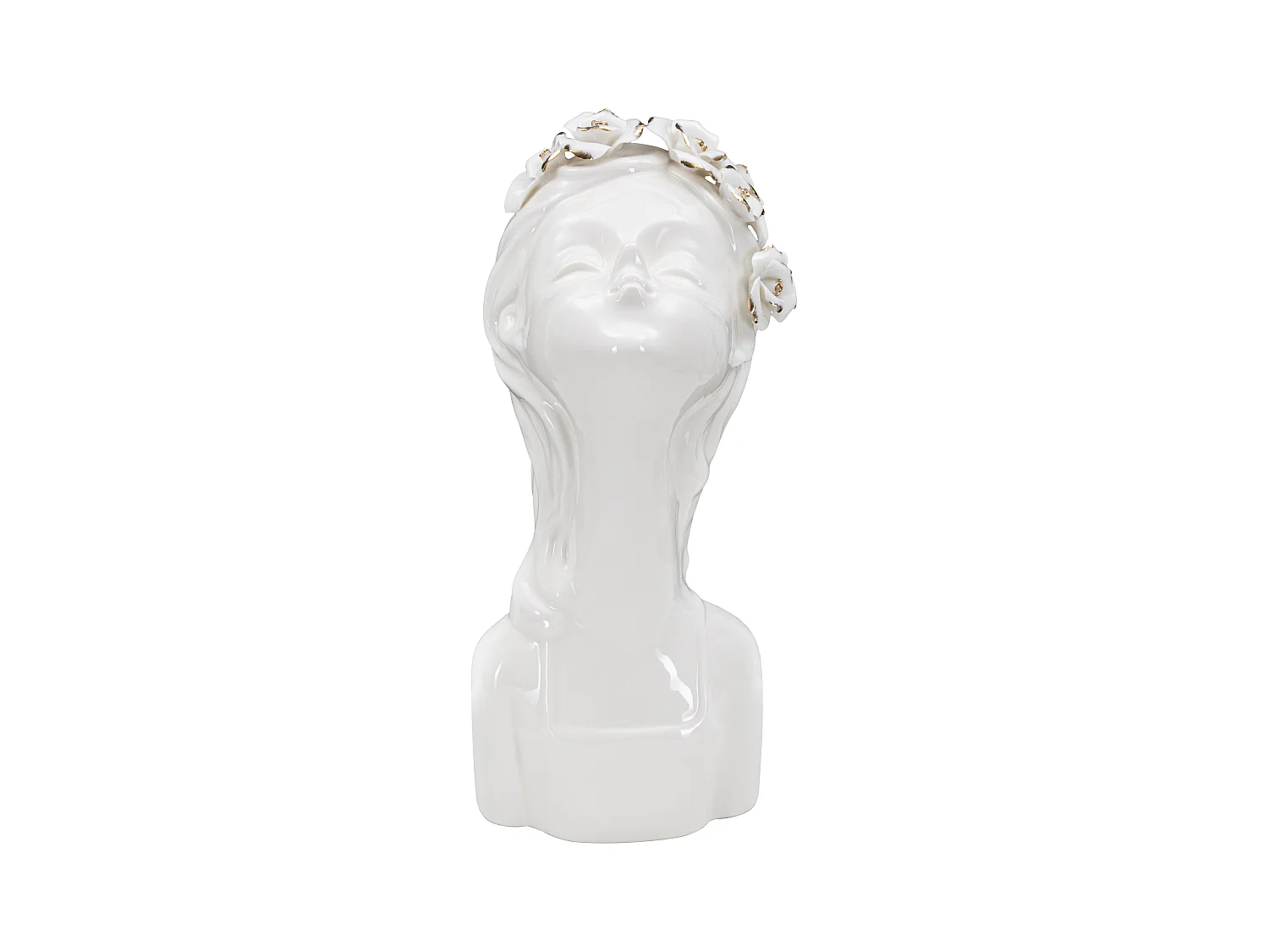 Vase en Porcelaine "Young Lady Roses" - 10x14x26 cm, Design Buste de jeune femme avec Couronne de Fleurs, Blanc et Or
