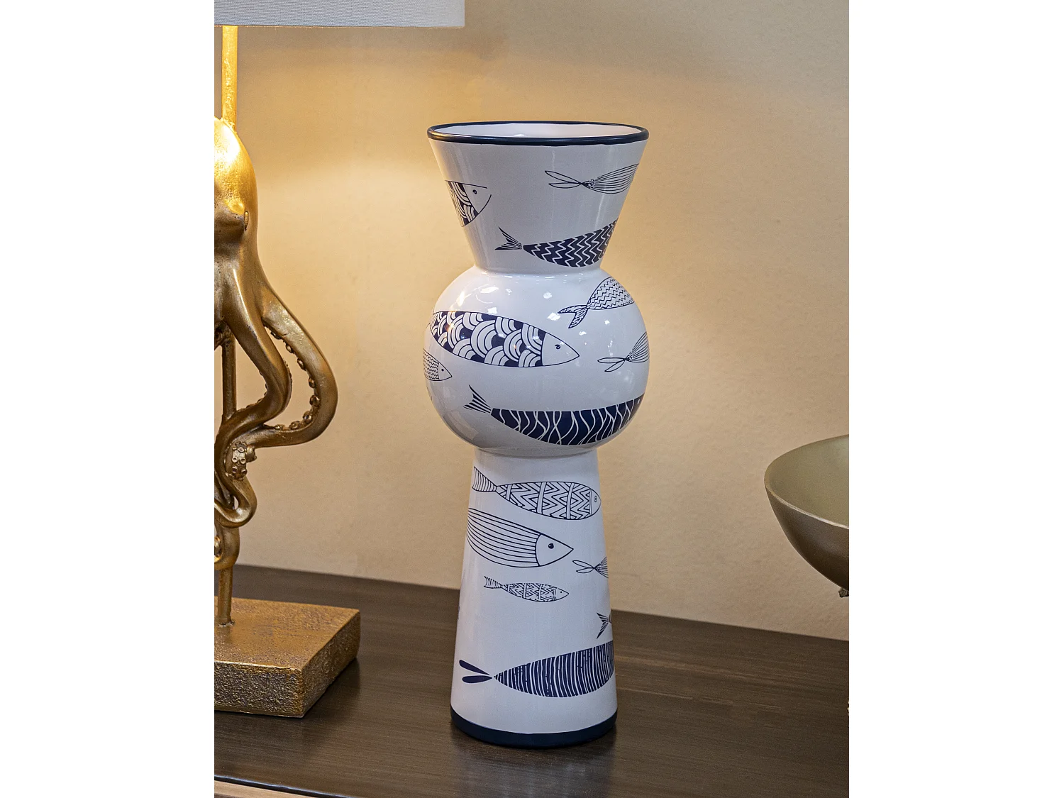 Vaso in ceramica bianco con pesci Ø cm 14x38,5