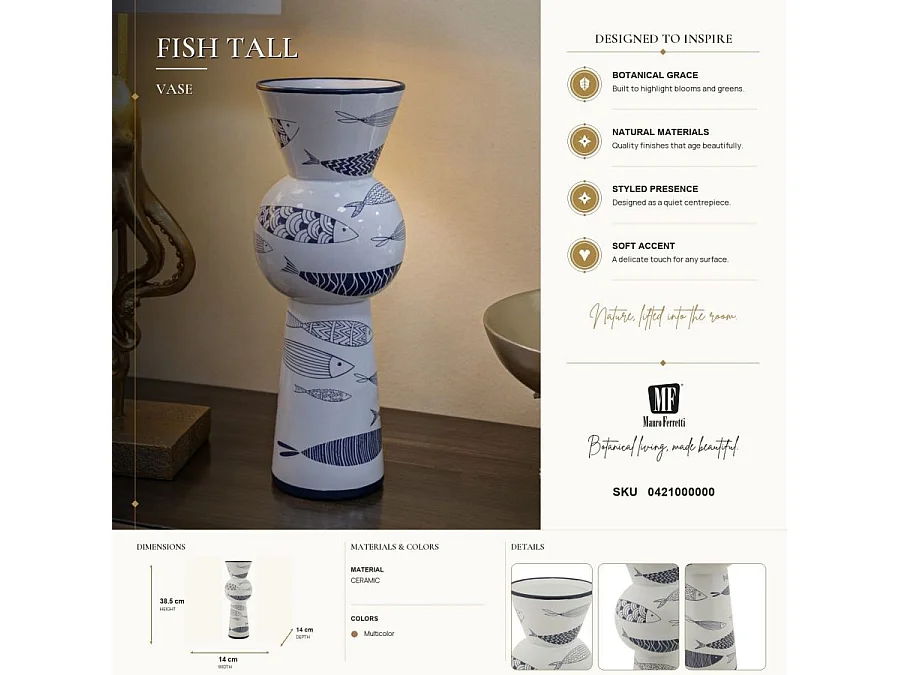 Vase Haut en Céramique "Poissons" 38cm Multicolore