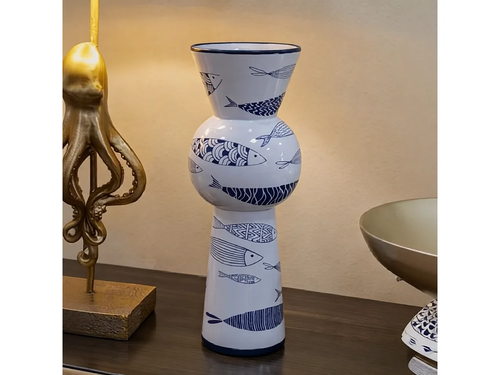 Wazon dekoracyjny do jadalni - wielokolorowy, ceramika, motyw: ryby, wys. 38,5 cm - Fish