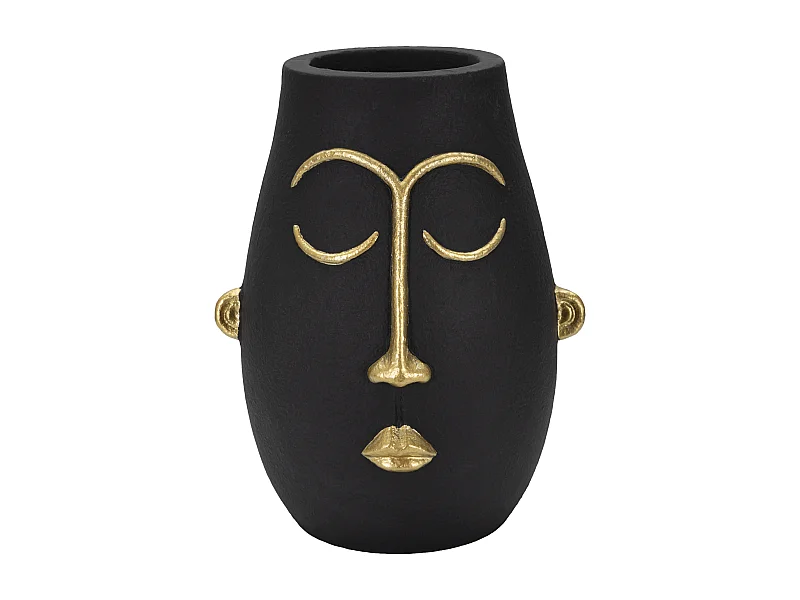 Vaso in resina nero e dorato testa tribale cm 24x22x31