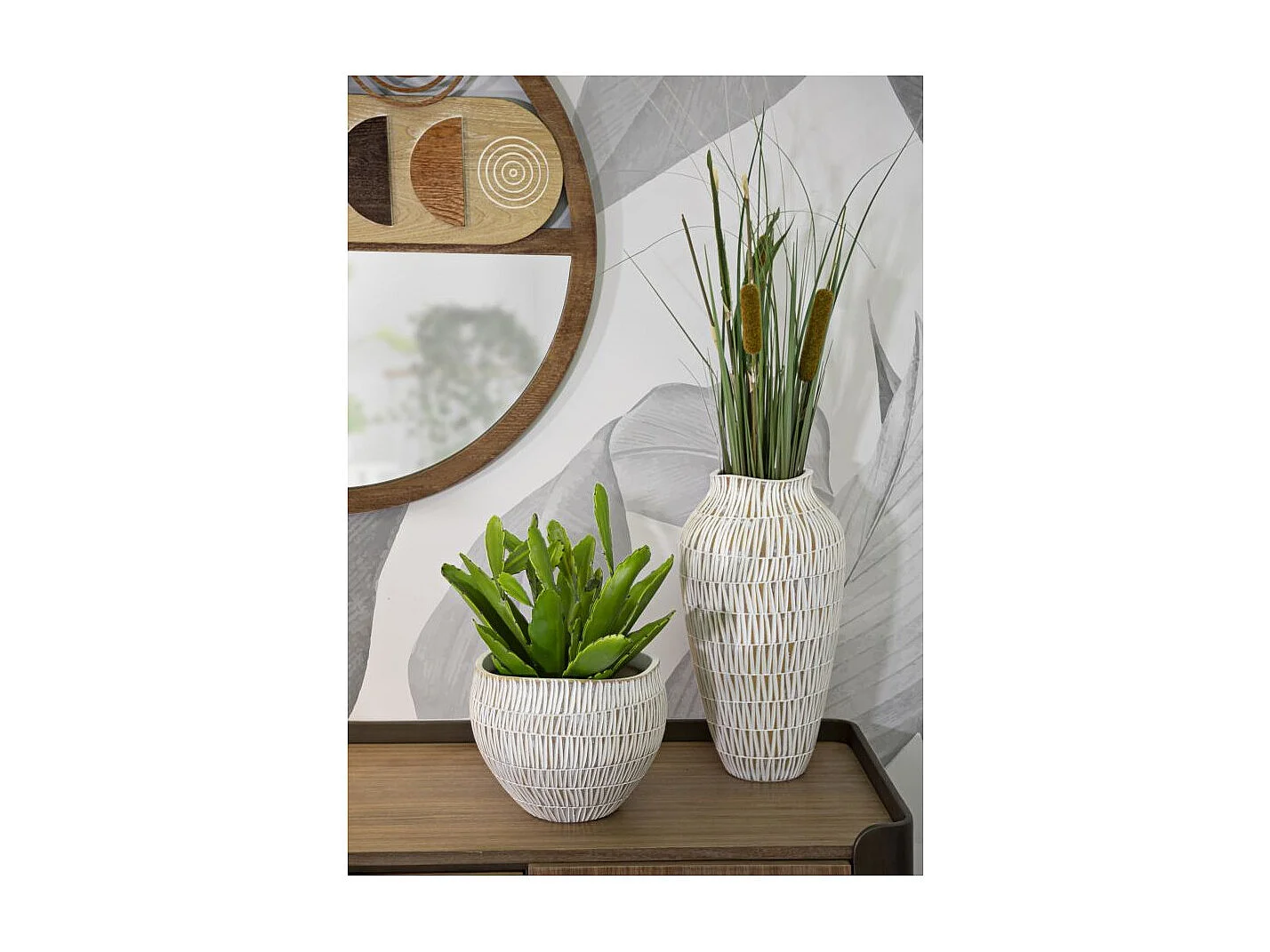 Witte hars cachepot met geometrische lijnen Ø cm 26x20,5