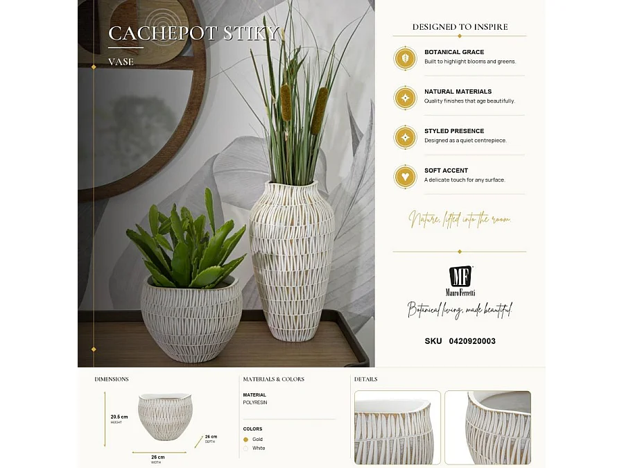 Cache-Pot Déco en Résine "Stiky" 26cm Or & Blanc