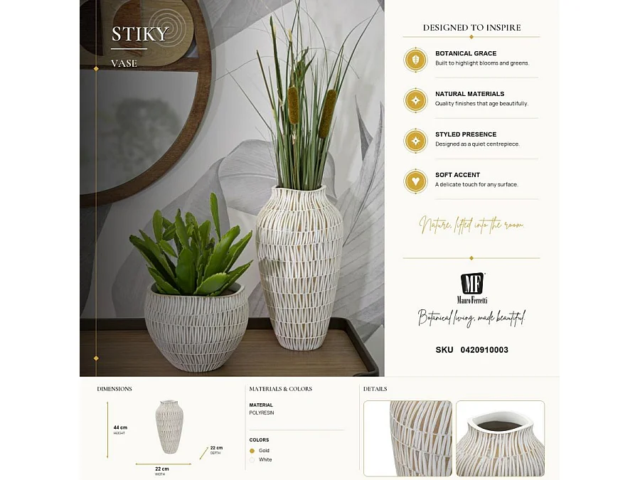 Vase Déco en Résine "Stiky" 44cm Or & Blanc