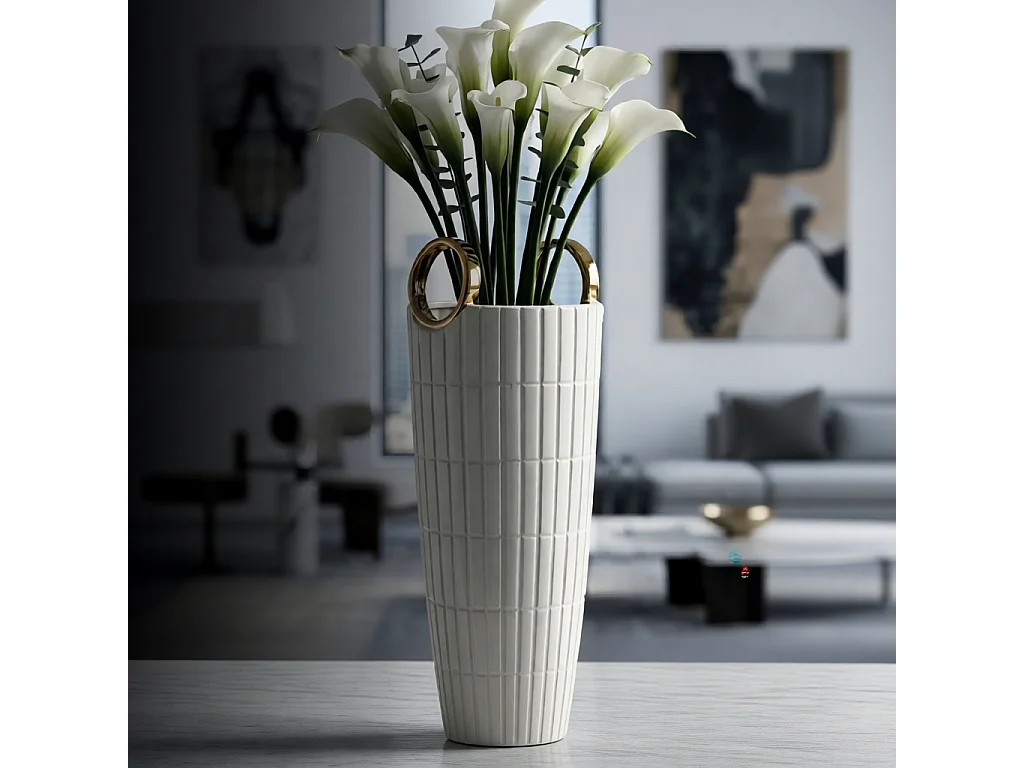Wazon dekoracyjny do salonu - biały, złoty, ceramika, glamour, 18 x 18 x 45 cm - Shopping